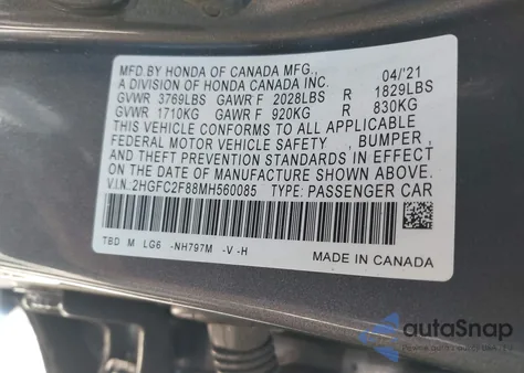 2021 Honda Civic Sport z USA, uszkodzony, nr VIN 2HGFC2F88MH560085